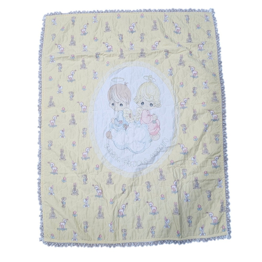 Vintage Precious Moments Quilted Baby Blanket Yellow Angel Lace‎ Trim 90s